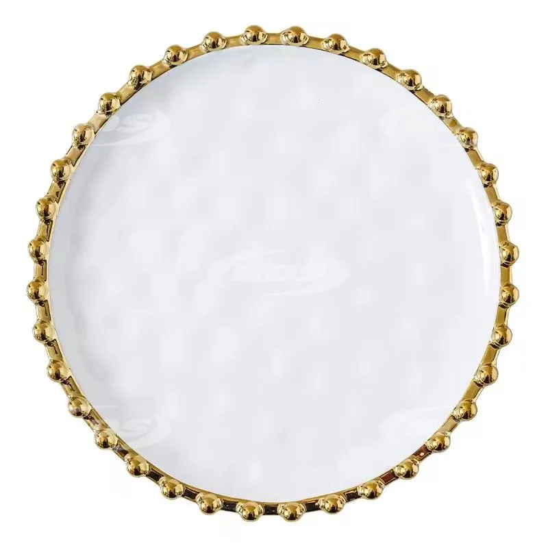 Custom Logo Party Wedding Green White Ceramic Steak Dinner Plate Gold Rim Beaded Charger Plate