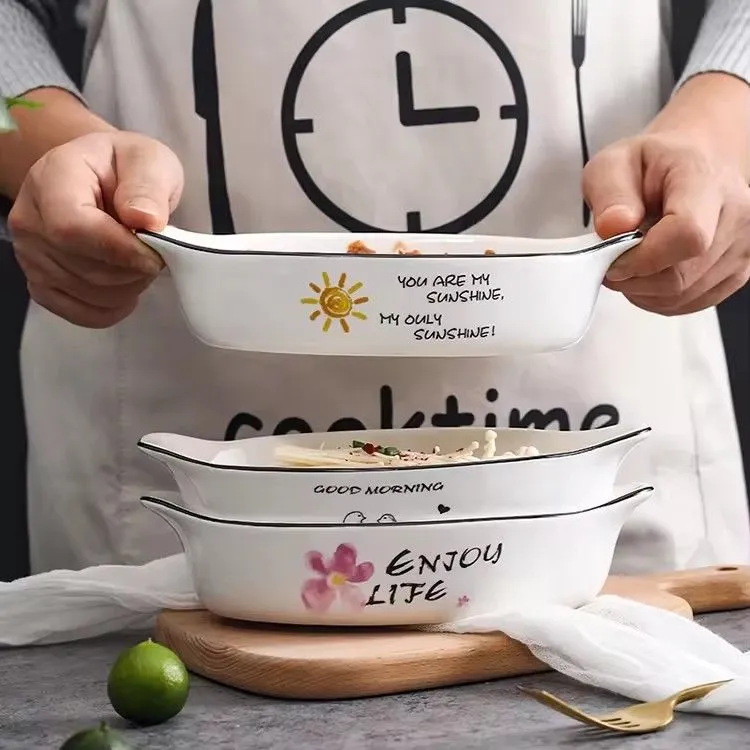 Microwave oven binaural cheese baked plate bowl bakeware dish tray ceramic baking set glaze baking pan