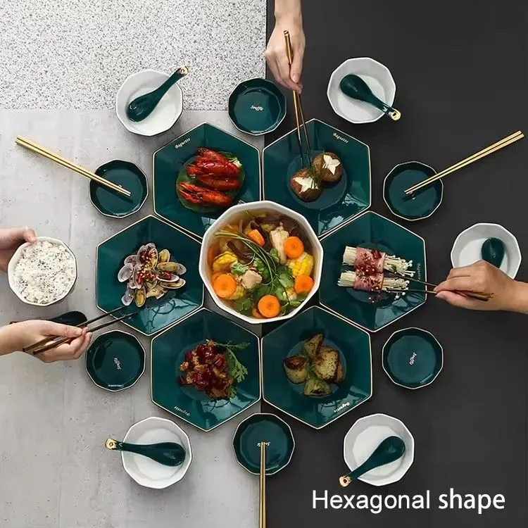 Custom green glaze hexagonal dinner plate set ceramic handmade ceramic tableware porcelain dinnerware sets