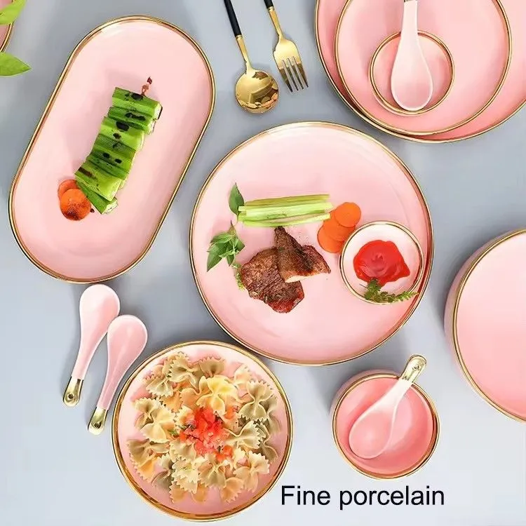 Custom restaurant hotel fine pink dinner plate bowl sets china ceramic porcelain dinnerware tableware sets