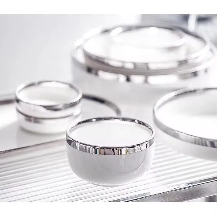 Dinner plates ceramic set luxury home restaurant supplies white silver rim dinnerware set plate