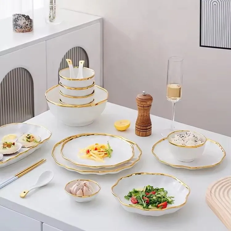 Dishes & plates bowls set nordic dinnerware white and golden rim design hotel ceramic dinner plates sets