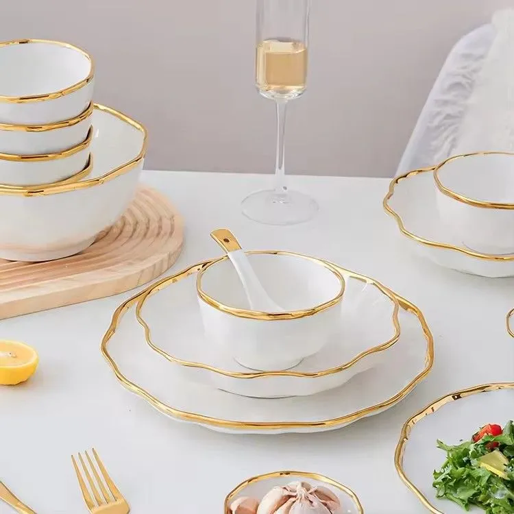 Dishes & plates bowls set nordic dinnerware white and golden rim design hotel ceramic dinner plates sets