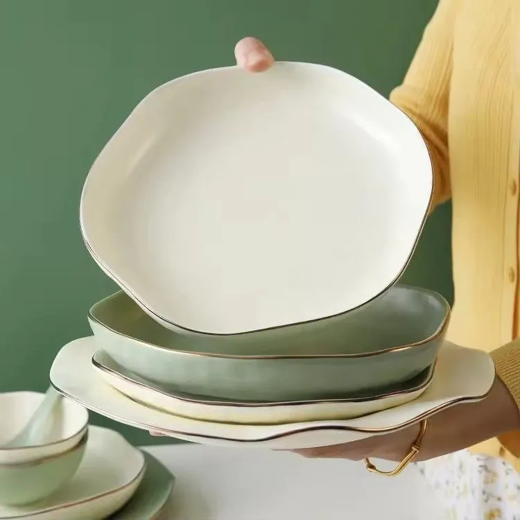 European style luxury porcelain gold tableware bowl set dish plate ceramic dinnerware set for restaurant