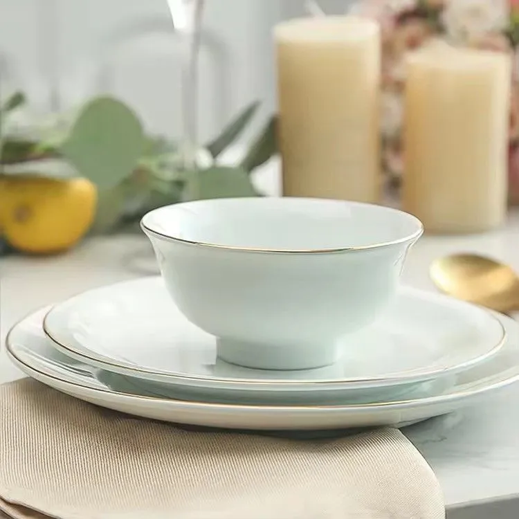 Restaurant hotel supplies pale green gold edge tableware plate bowl dish set ceramic dinnerware dinner sets
