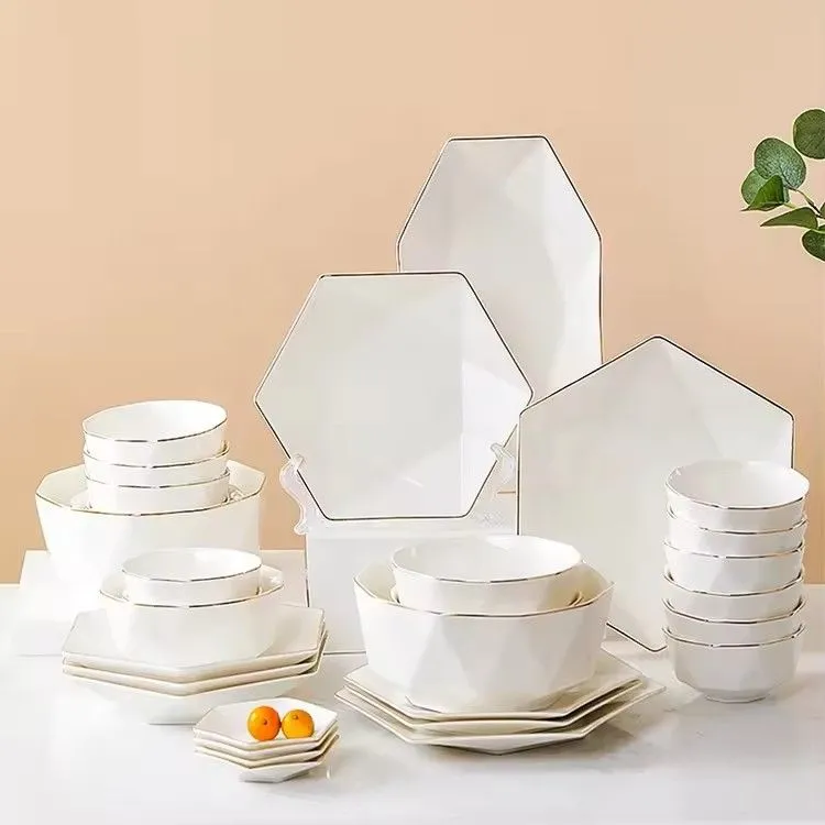 Simple nordic hexagonal ceramic plates and bowls set luxury gold rim ceramic plates dinnerware sets
