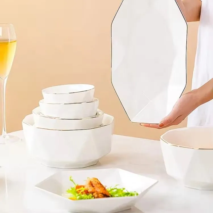 Simple nordic hexagonal ceramic plates and bowls set luxury gold rim ceramic plates dinnerware sets