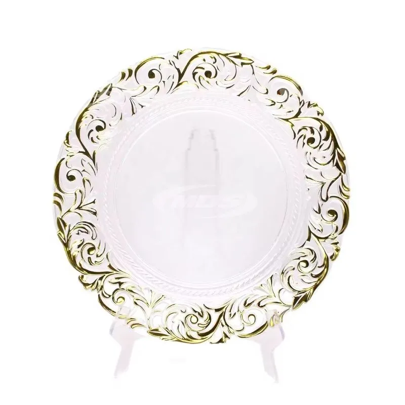 Hot Sale Luxury 13 Inch Gold Rim Clear Plastic Wedding Dinner Decoration Round Server Charger Plate