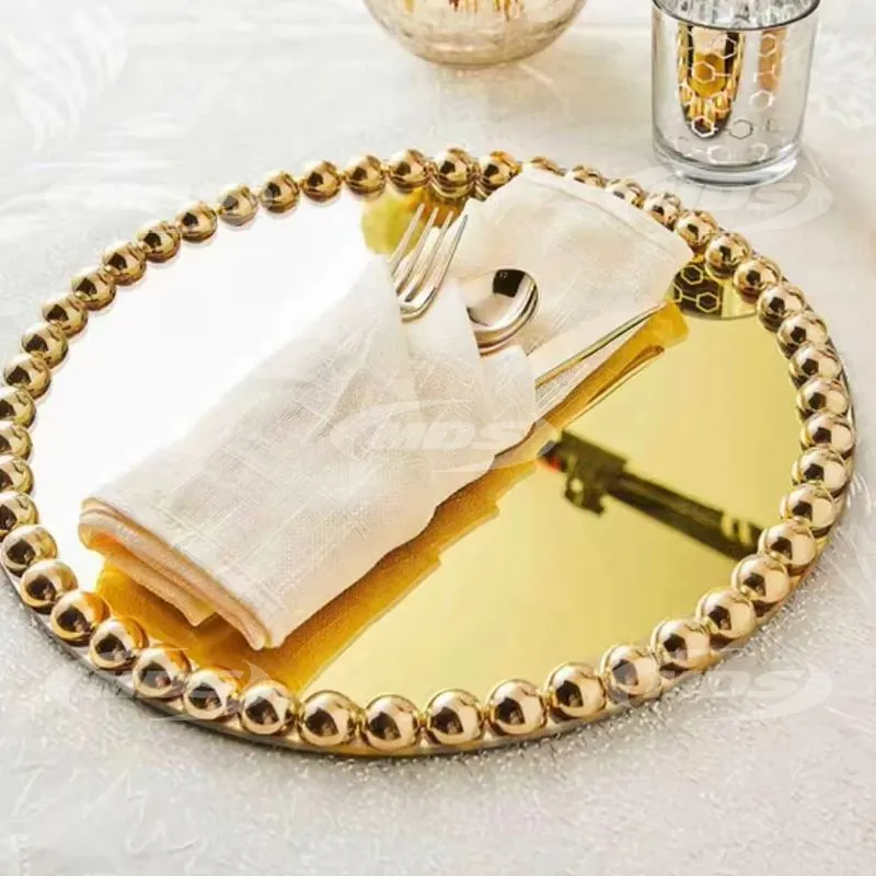New Design Customized 13 Silver Pearl Beaded Rim Mirror Glass Charger Plates Wedding Dinner Chargers Plate