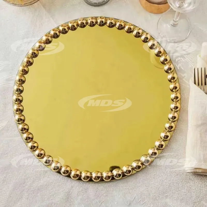 New Design Customized 13 Silver Pearl Beaded Rim Mirror Glass Charger Plates Wedding Dinner Chargers Plate