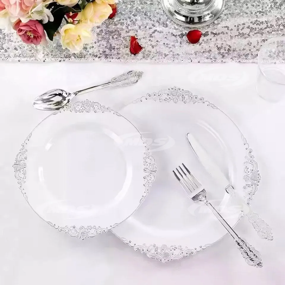Silver Plastic Plates CHINA DESIGN with Disposable Silverware