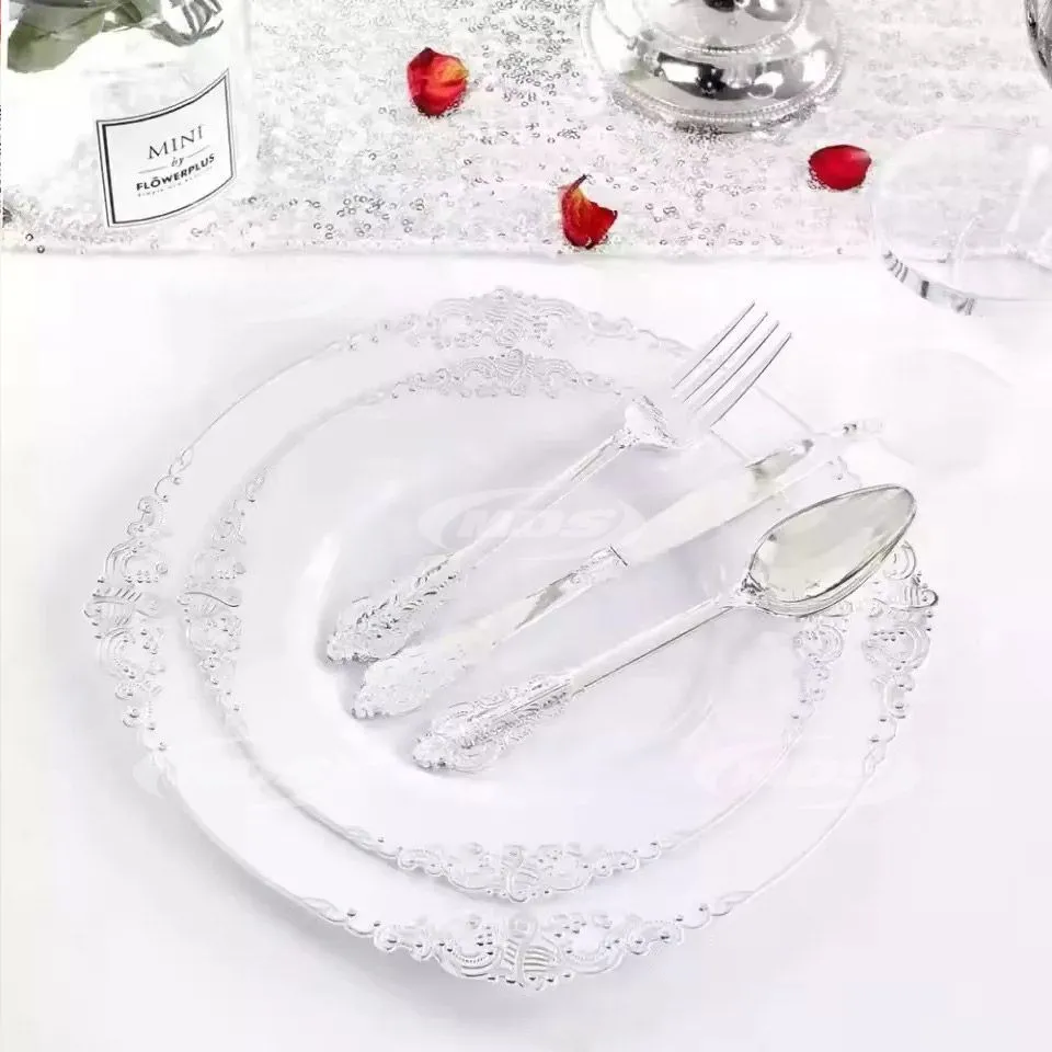 Silver Plastic Plates CHINA DESIGN with Disposable Silverware