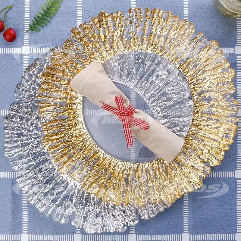 wholesale glass charger plate silver gold rim Tree pattern fruit tray