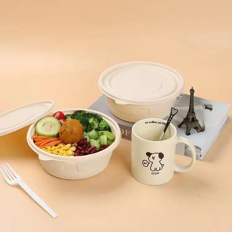 Disposable biodegradable round fast food packaging lunch bowl take away cornstarch salad bowl