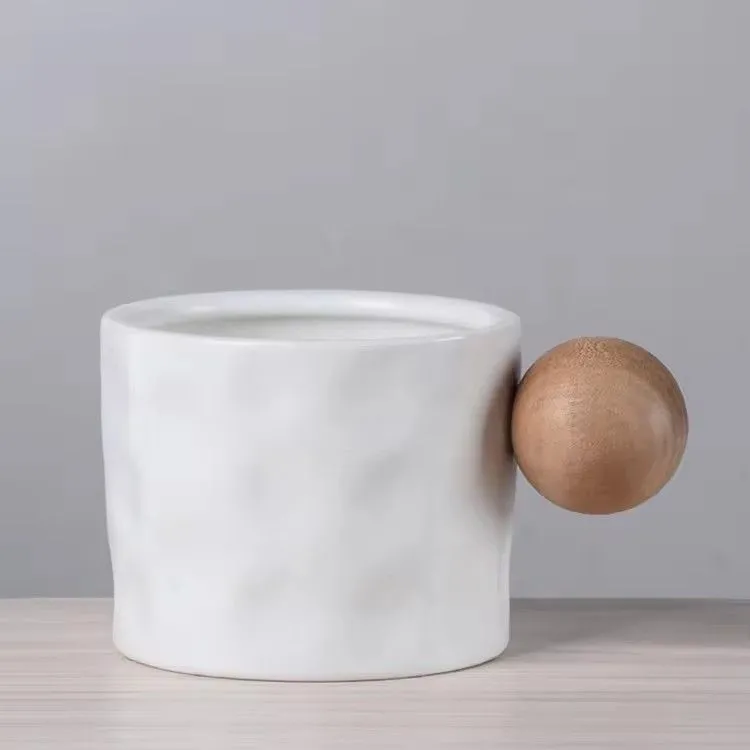 Wooden spherical handle artistic tea cup gift porcelain coffee couple cup mug gift set