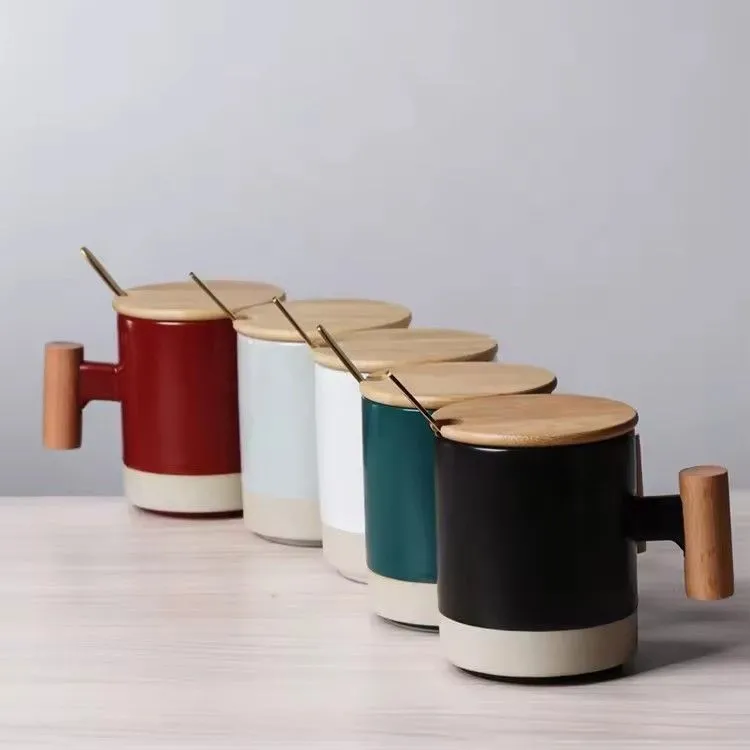 320ml wooden handle lid coffee mug personalized breakfast cup gift box ceramic coffee mug with handle