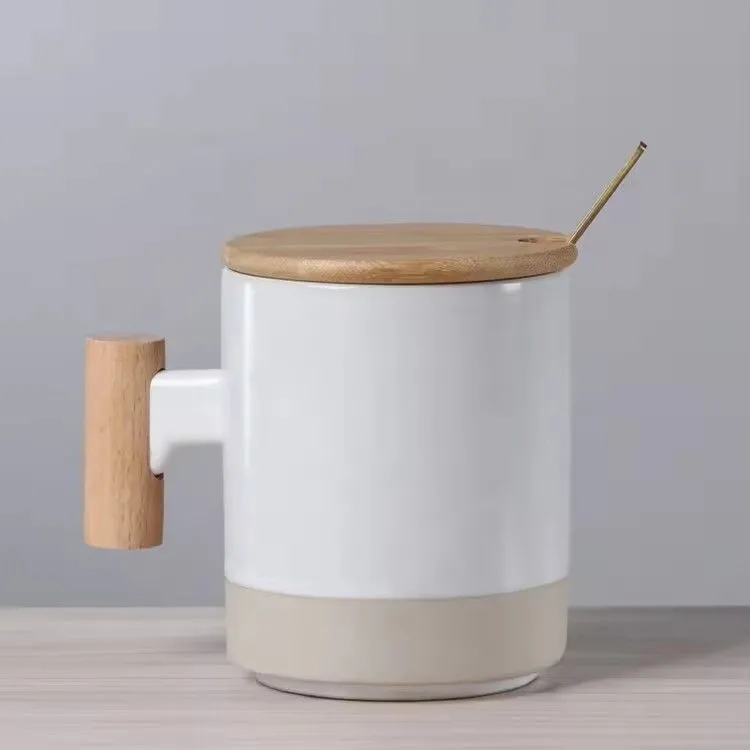320ml wooden handle lid coffee mug personalized breakfast cup gift box ceramic coffee mug with handle