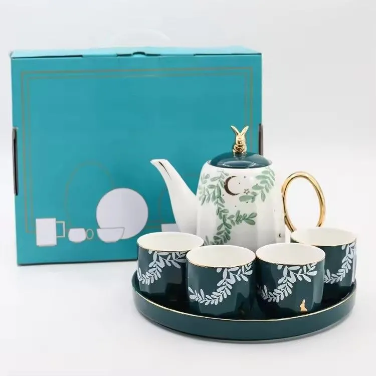 Teapot set 4pcs cups and ceramic tray with gold rim green english ceramic tea set with polyfoam box and gift box