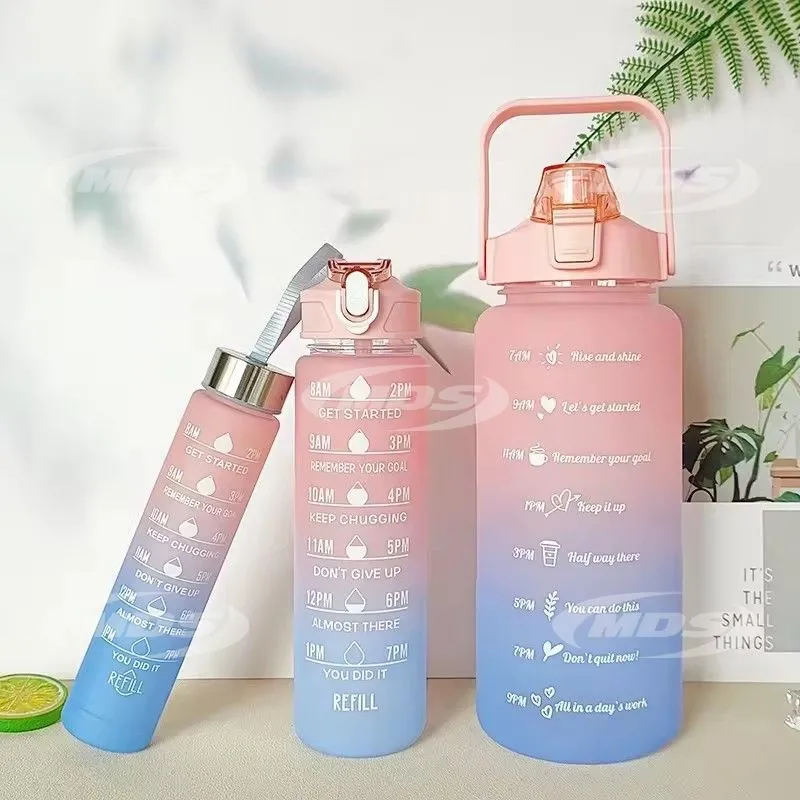 Wholesale gradient color sports water bottle 3pcs set 2000ml 750ml 300ml portable frosted plastic water bottles