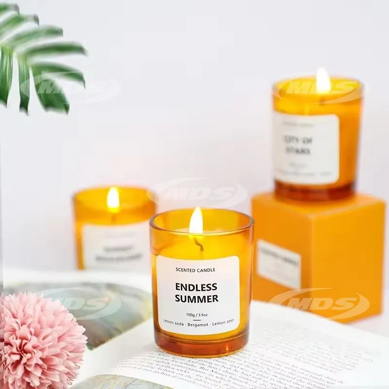 Home decoration custom private logo luxury amber orange glass jar candles plant soy wax scented candles