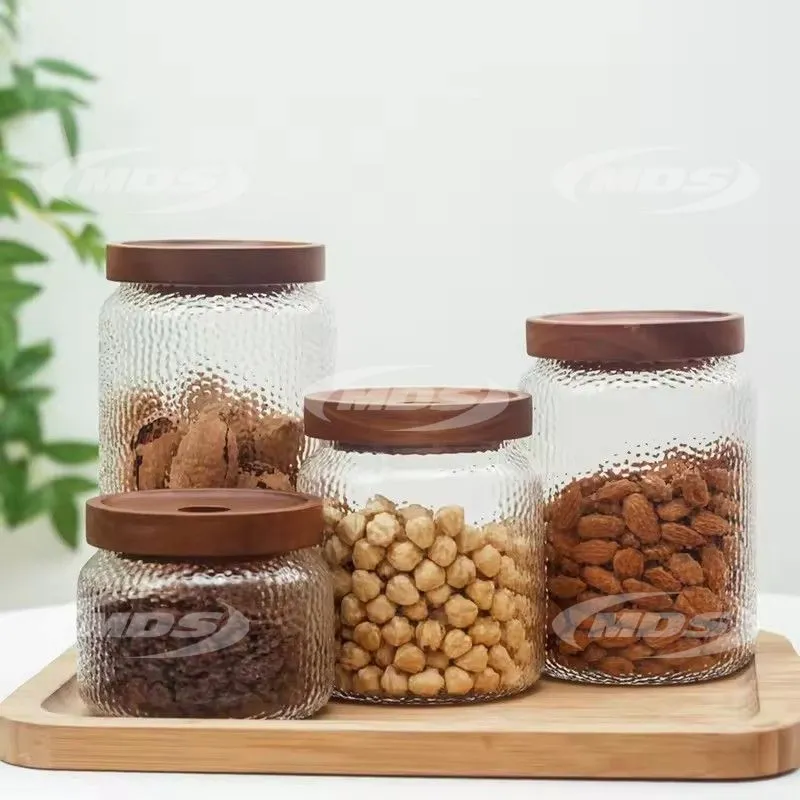 Glass Tea Sealed Storage Jar Hammer Pattern Portable Tea Caddy With wood Cover