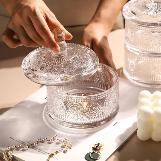 Modern Pedestal Candy Nuts Glass Jar Small Round Sunflower Design Clear Embossed Glass Storage Jar