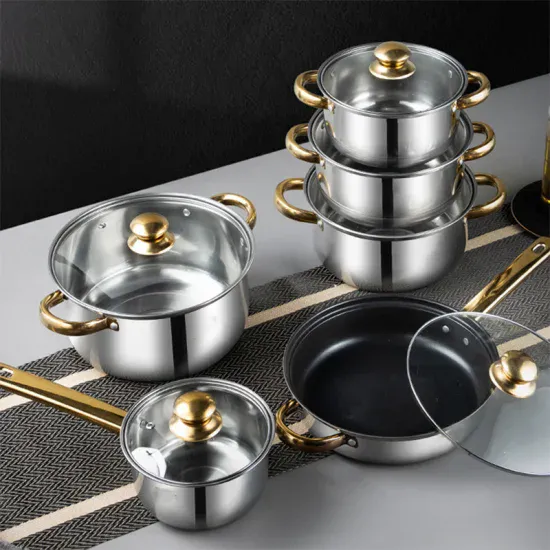Customized Home Kitchen Gold Handle Cooking Pot Frying Pan 12-Piece Kitchen Cookware Set