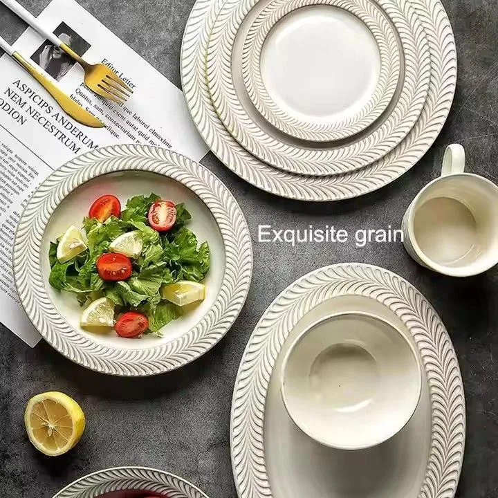 Custom White Ceramic Dinnerware Embossed Bowls Dishes Mugs Plates White Porcelain Dinnerware Set Carton Customized Logo Cup Kit