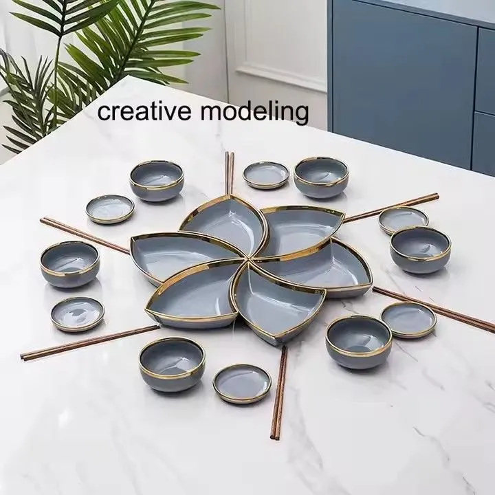 Triangle gold rim glaze ceramic serving platters set bowls dishes ceramic plates dinnerware