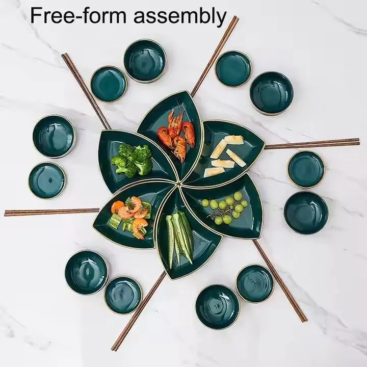 Triangle gold rim glaze ceramic serving platters set bowls dishes ceramic plates dinnerware