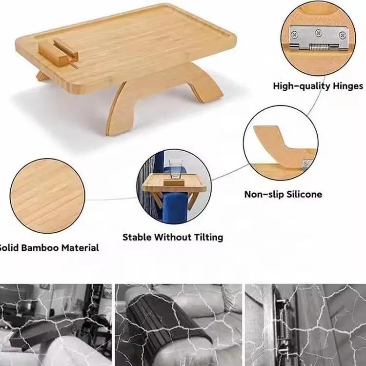 Custom bamboo sofa armrest tray table with cell phone holder foldable clip sofa arm tray