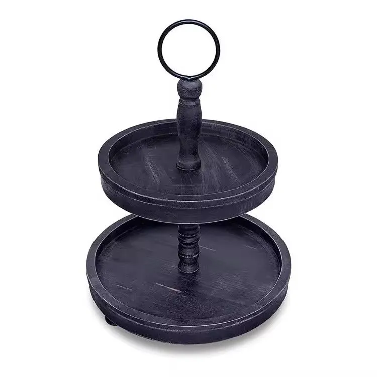 Farmhouse Rustic Vintage Distressed Black Wood Tiered Tray Stand Antique2-Tier Decorative Serving Tray