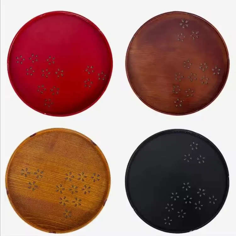 Round wood trays hotel restaurant home black red circular handmade vintage wooden tray