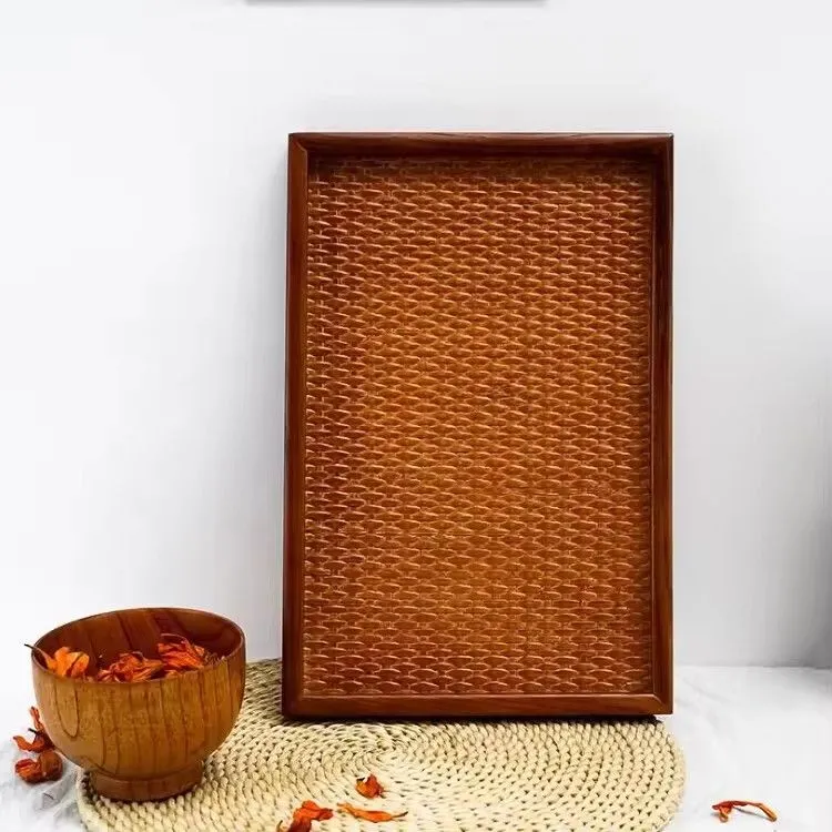 Wholesale custom rectangle flat plate fraxinus chinensis wood serving rattan tray