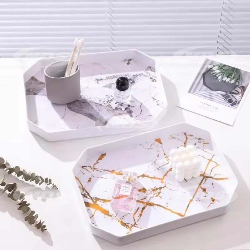 Wood grain pattern octagonal melamine plastic serving tray textured grey gold melamine storage tray