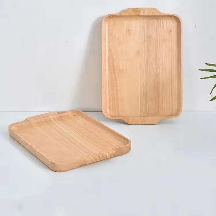 Wooden pizza cake serving trays with handle creative rectangle handmade rubber wood tray