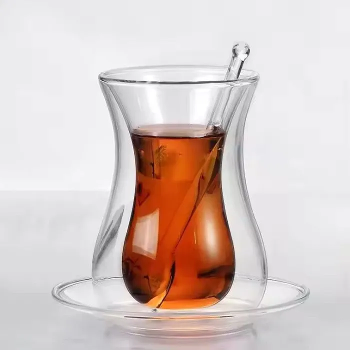 Handmade insulated turkey double wall glass coffee cup with saucer and spoon