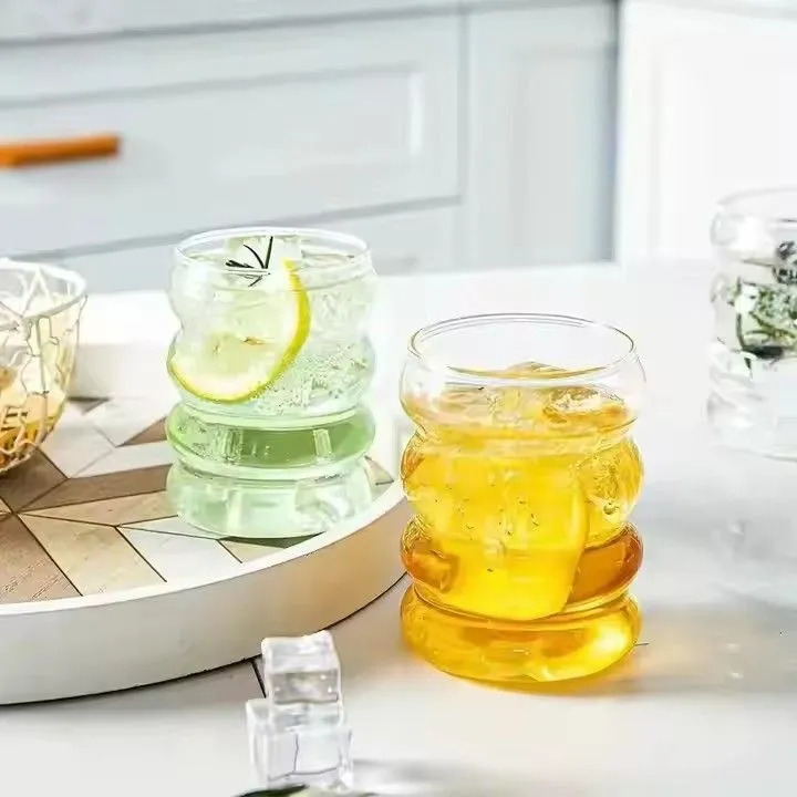 12 oz Entertainment Dinnerware Ribbed Glass cup Wave Shape Beverage Glasses With Straws for Kitchen Coffee Juice Beverage