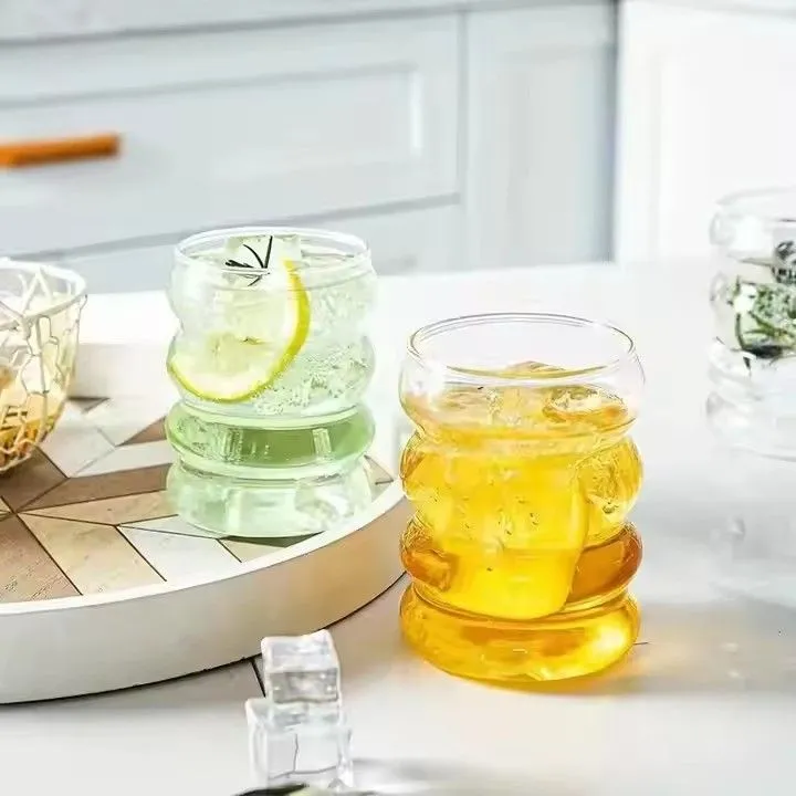 Drinking Glass Cups Ripple Glassware Wave Shape Beverage Glasses for Iced Coffee Juice Beer Beverage Water
