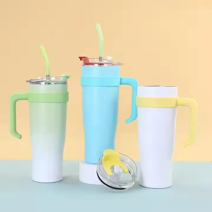 Custom logo stainless steel vacuum metal travel mug insulated coffee cup 40oz tumbler with handle