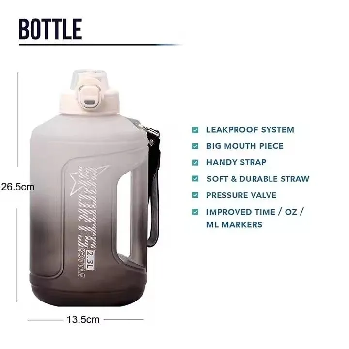 Fitness sports daily tumbler with motivational time 2.3L gallon water bottle with straw gym