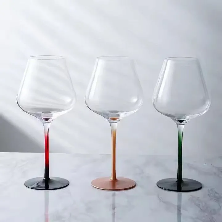 German Modern Lead Free Crystal Goblet Red Wine Glass Handmade Gradient Colored Stem Burgundy Bordeaux Wine Glass Household