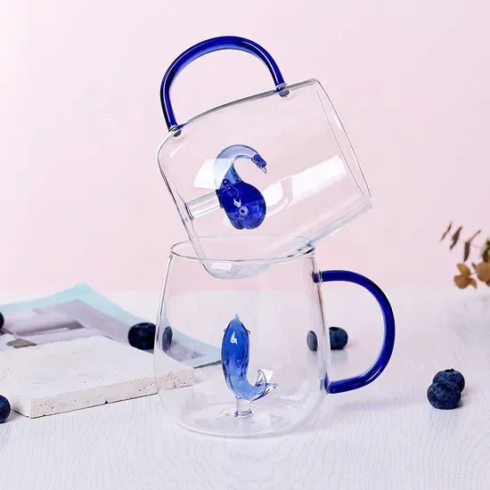 New Arrival 3D Novelty Animal Plant Inside Glass Coffee Mug Cute Drinking Glasses Milk Cup with Colored Handle