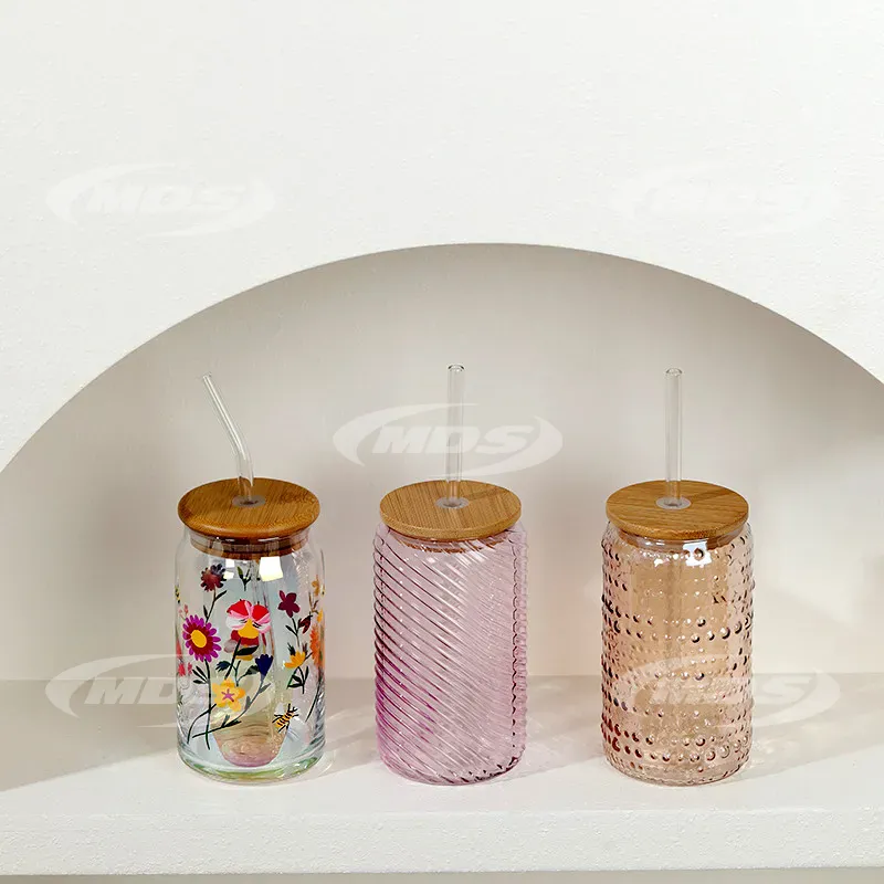 16oz Glass Water Cup Beer Soda Can Glass with Bamboo Lid and Glass Straw