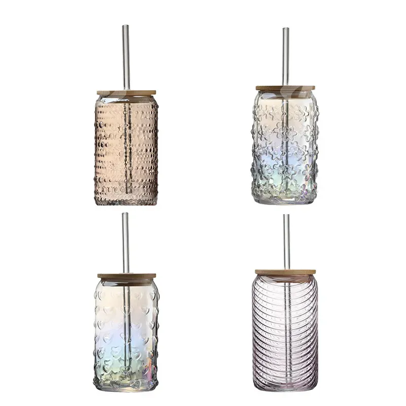 16oz Glass Water Cup Beer Soda Can Glass with Bamboo Lid and Glass Straw