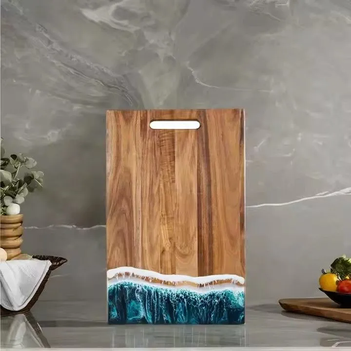 Blue ocean wave acacia wood epoxy resin chopping board wooden charcuterie serving board resin cutting board