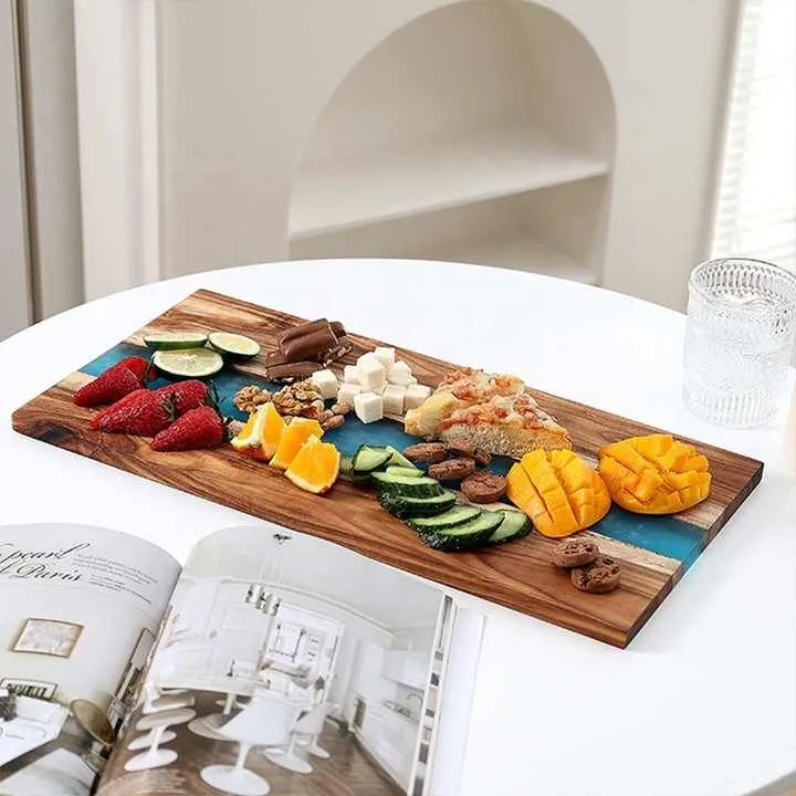 Wholesale steak bread board blue epoxy resin cutting board acacia wood resin serving board