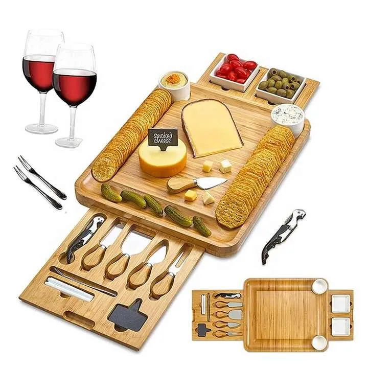 Housewarming party bamboo cheese board and knife sets wooden chopping charcuterie cutting board platter with cutlery