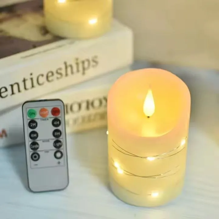 Flameless paraffin candle pillar remote control embedded string lights led electronic candles