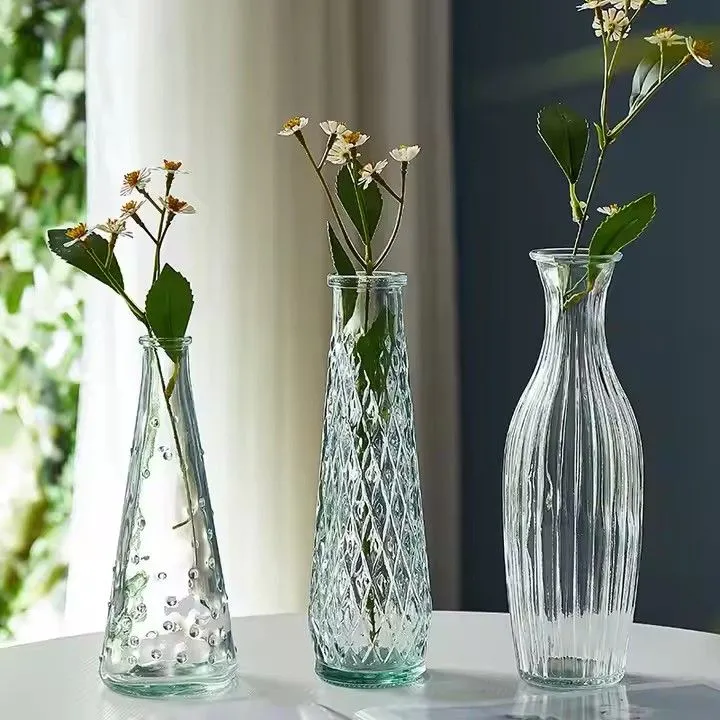 Creative large bore relief glass vase for wedding decoration with white cylindrical small glass vase